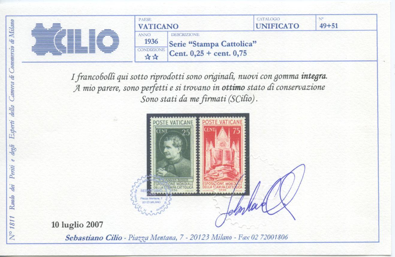 Scansione lotto: VATICANO 1936 STAMPA 8V. ** LUSSO CERT.