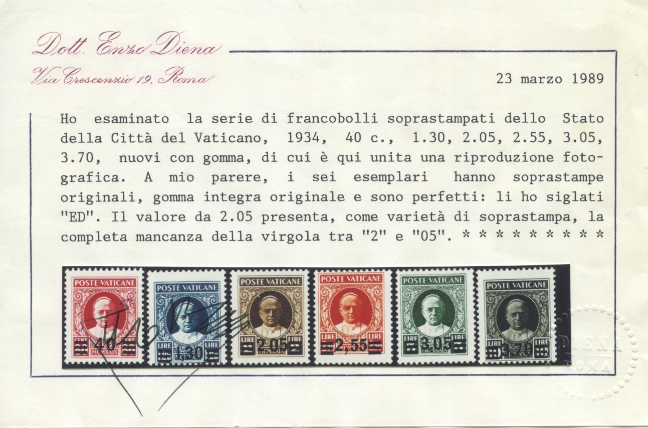 Scansione lotto: VATICANO 1934 PROVVISORIA 6V. 2 **  CERT.