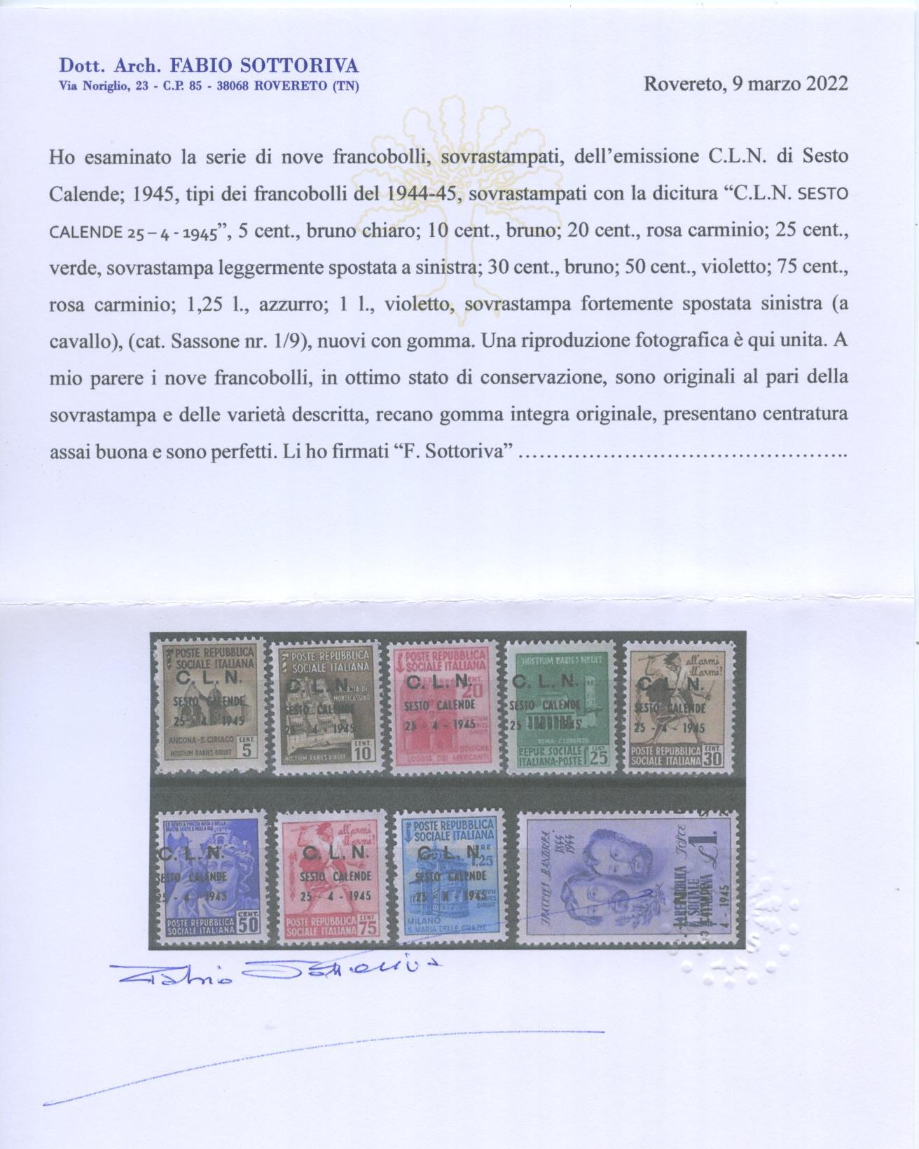 Scansione lotto: ITALIA EMISSIONI LOC 1945 SESTO CALENDE 9V. **  CERT.