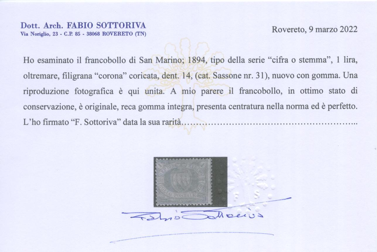 Scansione lotto: SAN MARINO 1894 L.1 AZZURRA **  CERT.