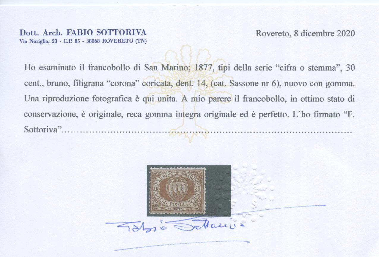 Scansione lotto: SAN MARINO 1877 30C. 4 ** CENTRATO CERT.