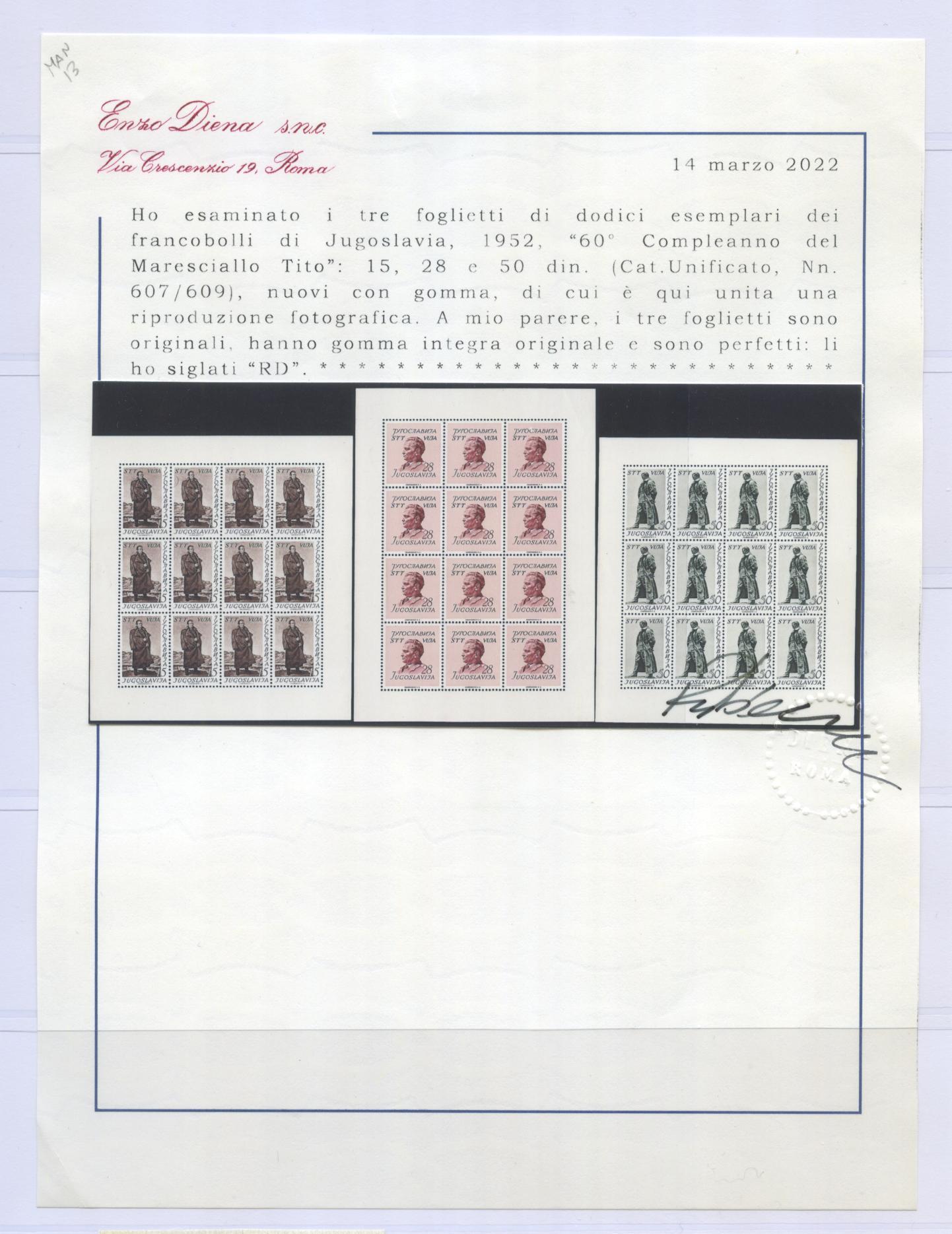 Scansione lotto: TRIESTE 1952 ZONA B 3BF TITO ** LUSSO CERT.