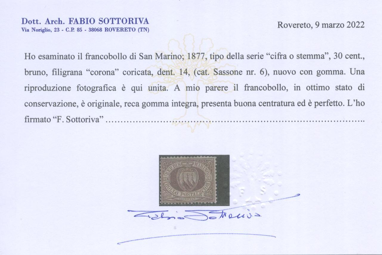 Scansione lotto: SAN MARINO 1877 30C. 7 **  CERT.