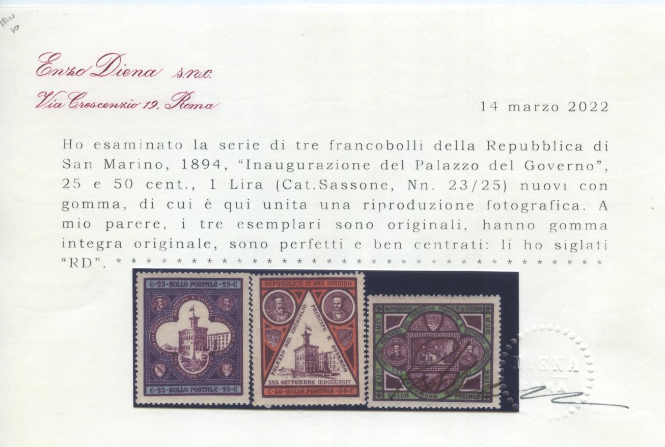 Scansione lotto: SAN MARINO 1894 PALAZZO 3V. 3 ** LUSSO CERT.