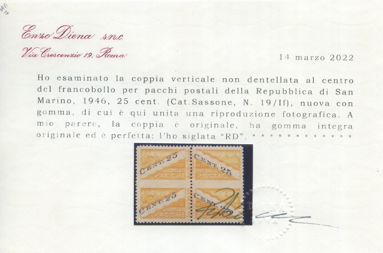 Scansione lotto: SAN MARINO 1945 PACCHI 25C. VARIETA' **  CERT.