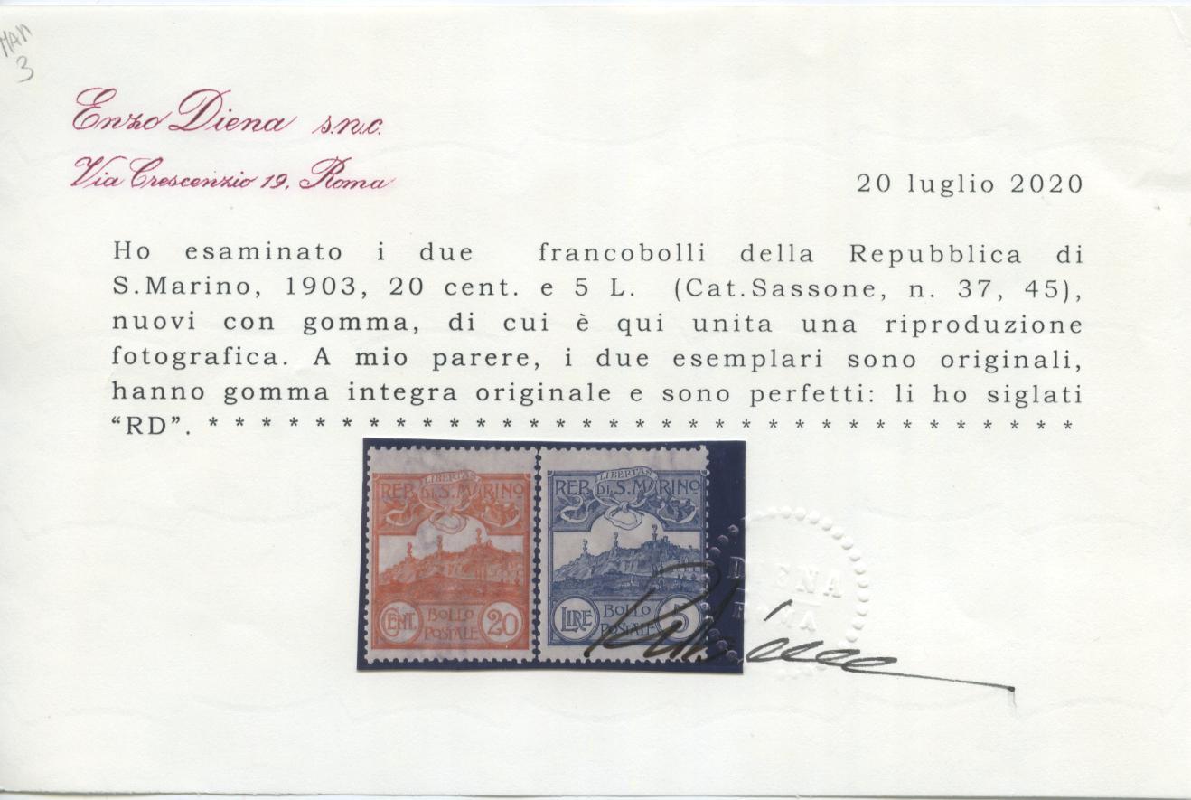 Scansione lotto: SAN MARINO 1903 CIFRA E VEDUTE 11V. 2 ** CENTRATO CERT.