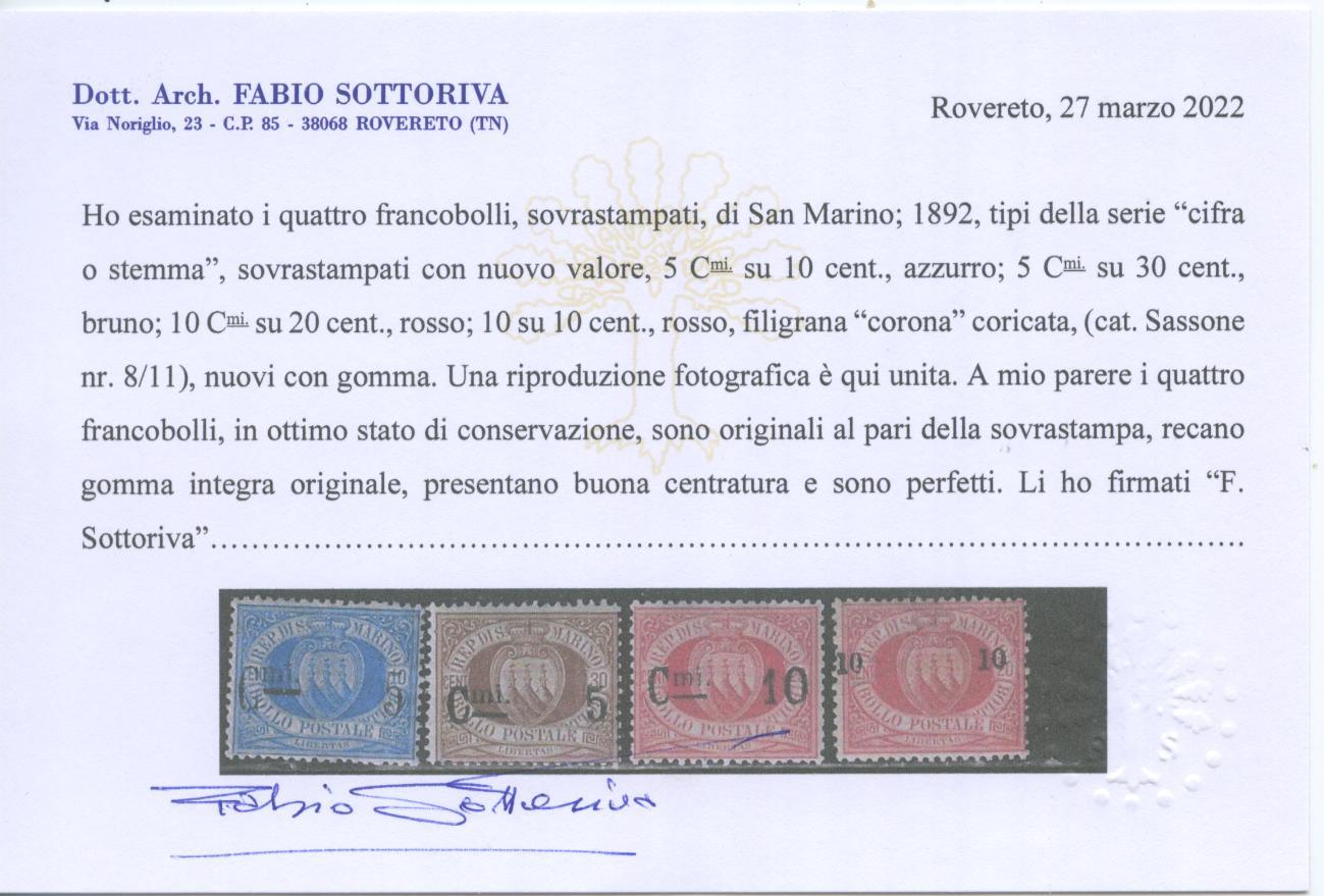 Scansione lotto: SAN MARINO 1892 SOVR. 4V. 4 ** CENTRATO CERT.