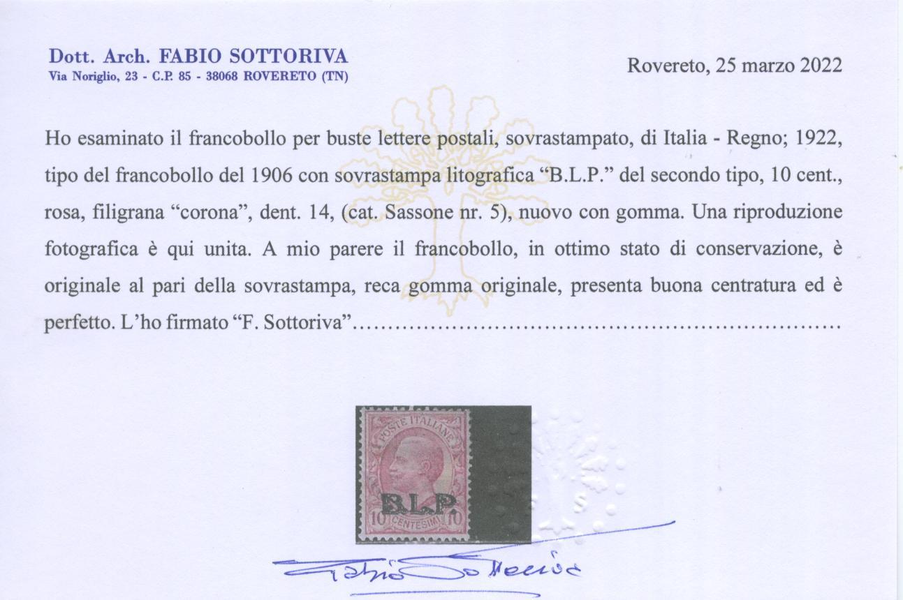 Scansione lotto: REGNO 1922 BLP 10C. II TIPO * CENTRATO CERT.