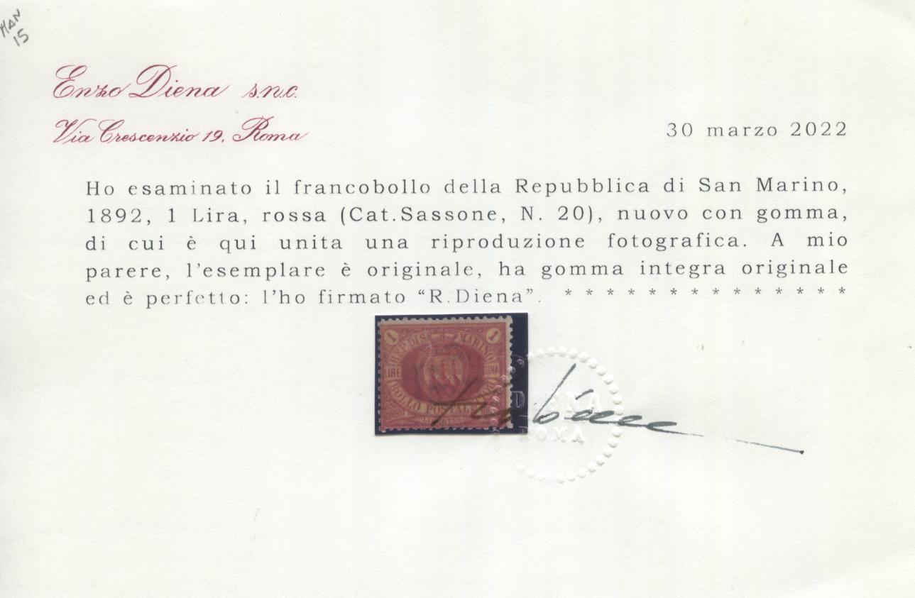 Scansione lotto: SAN MARINO 1892 L.1 ROSSA **  CERT.