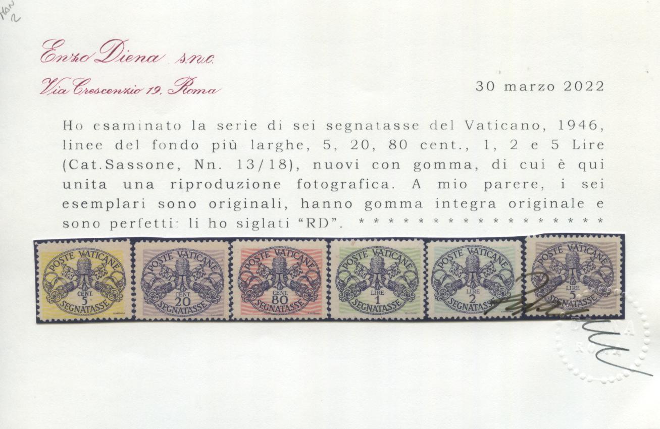 Scansione lotto: VATICANO 1946 TASSE CARTA BIANCA 6V. 4 **  CERT.