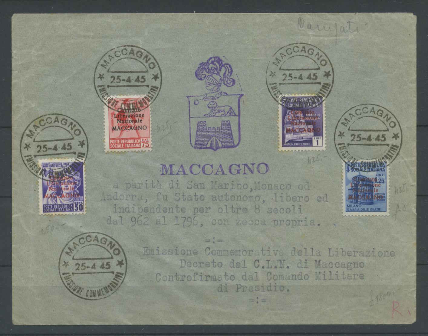 Scansione lotto: ITALIA EMISSIONI LOC 1945 MACCAGNO 4V. US.