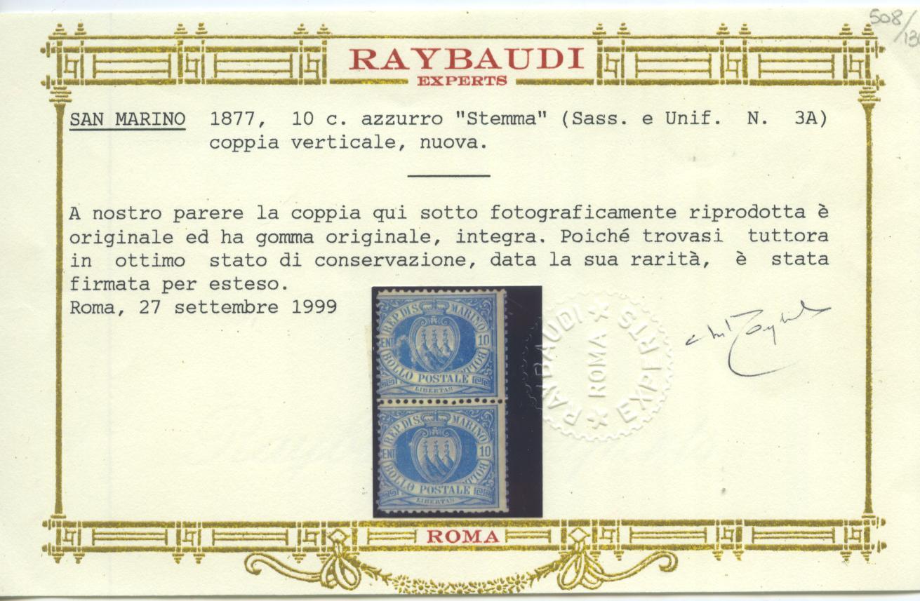 Scansione lotto: SAN MARINO 1888 10C. AZZURRO N.3A **  CERT.