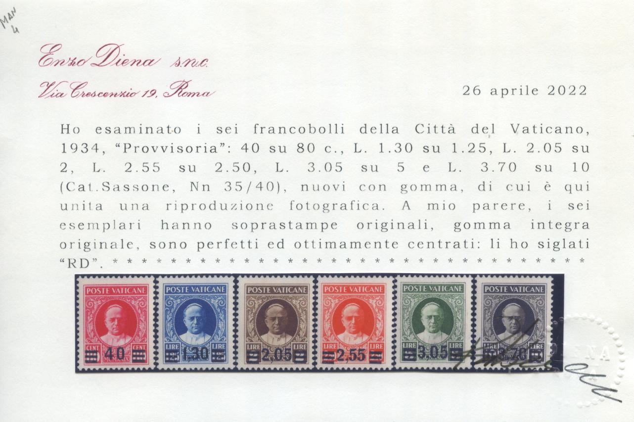 Scansione lotto: VATICANO 1934 PROVVISORIA 6V. ** LUSSO CERT.