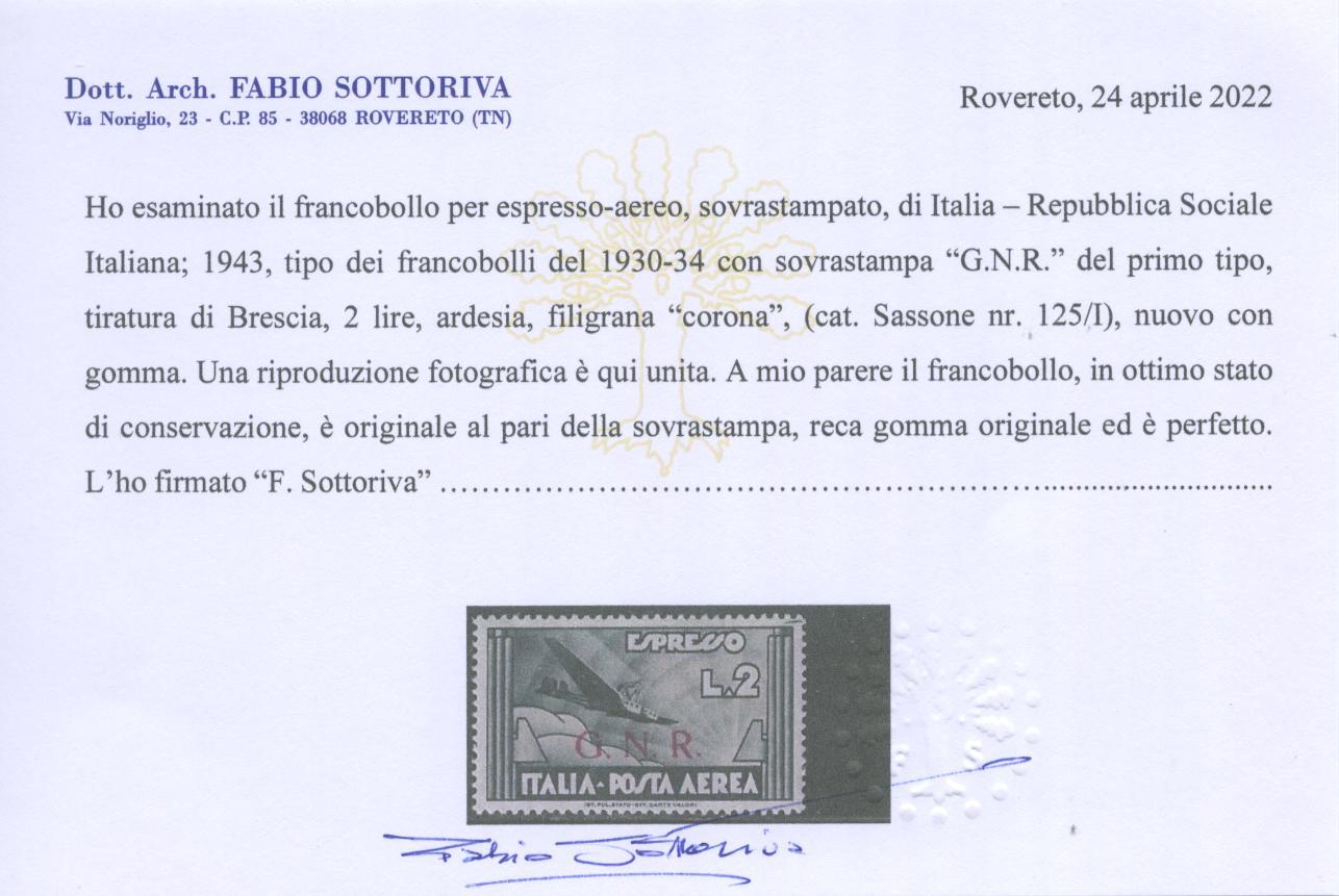 Scansione lotto: RSI E LUOGOTENENZA 1944 AEREO-ESPRESSO N.125/I *  CERT.