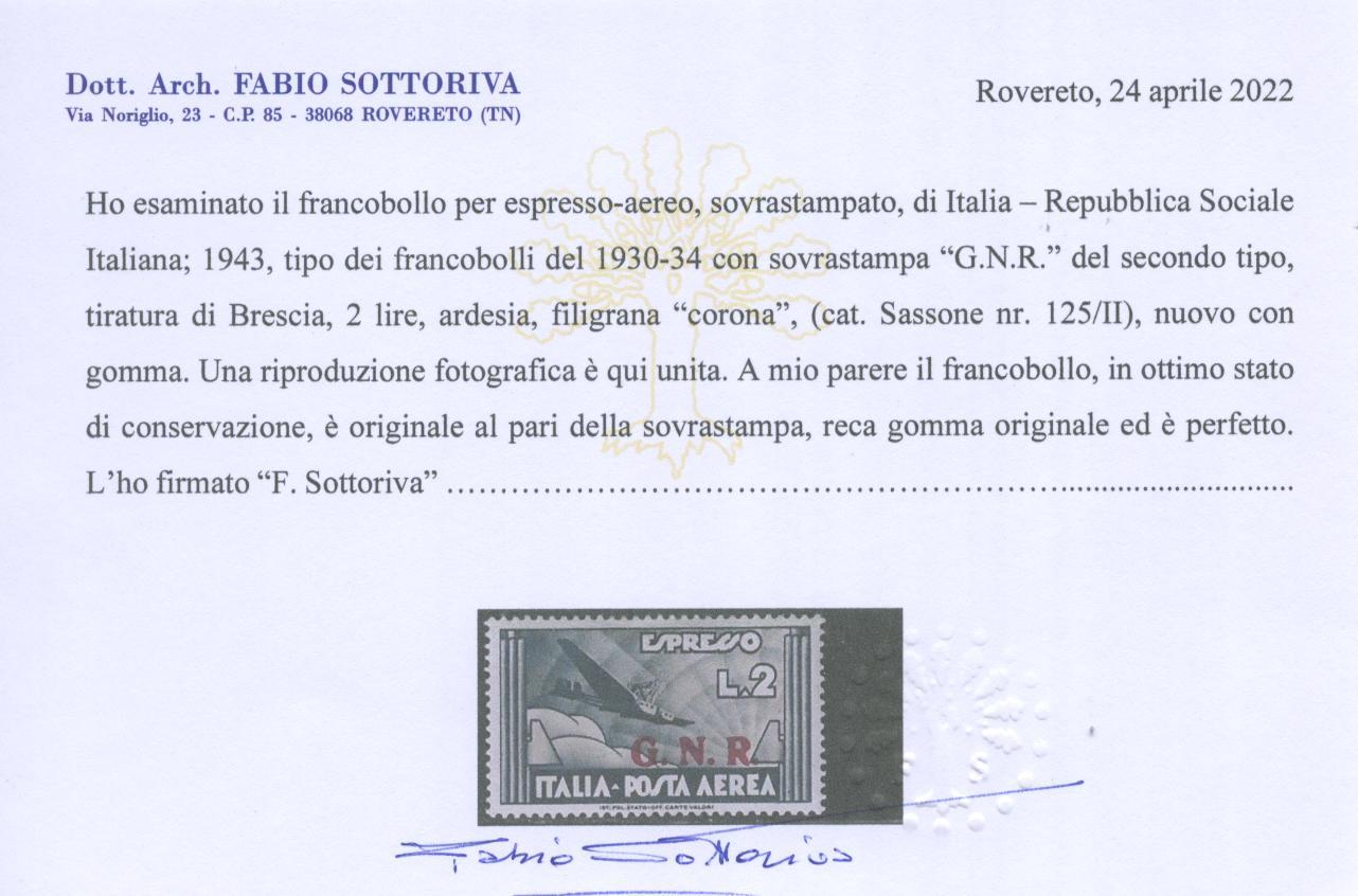 Scansione lotto: RSI E LUOGOTENENZA 1944 AEREO-ESPR. N.125/II *  CERT.