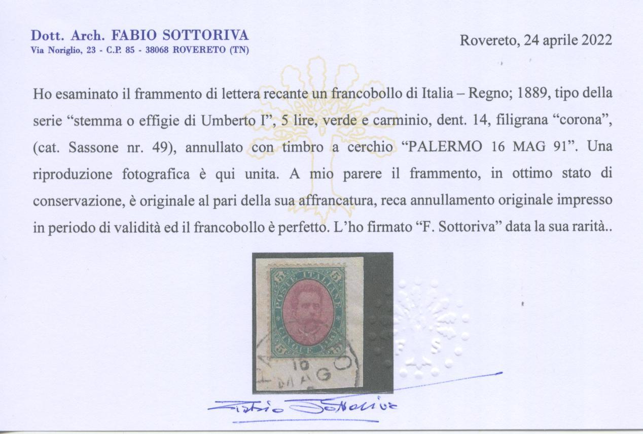 Scansione lotto: REGNO 1889 L.5 3 US. CENTRATO CERT.