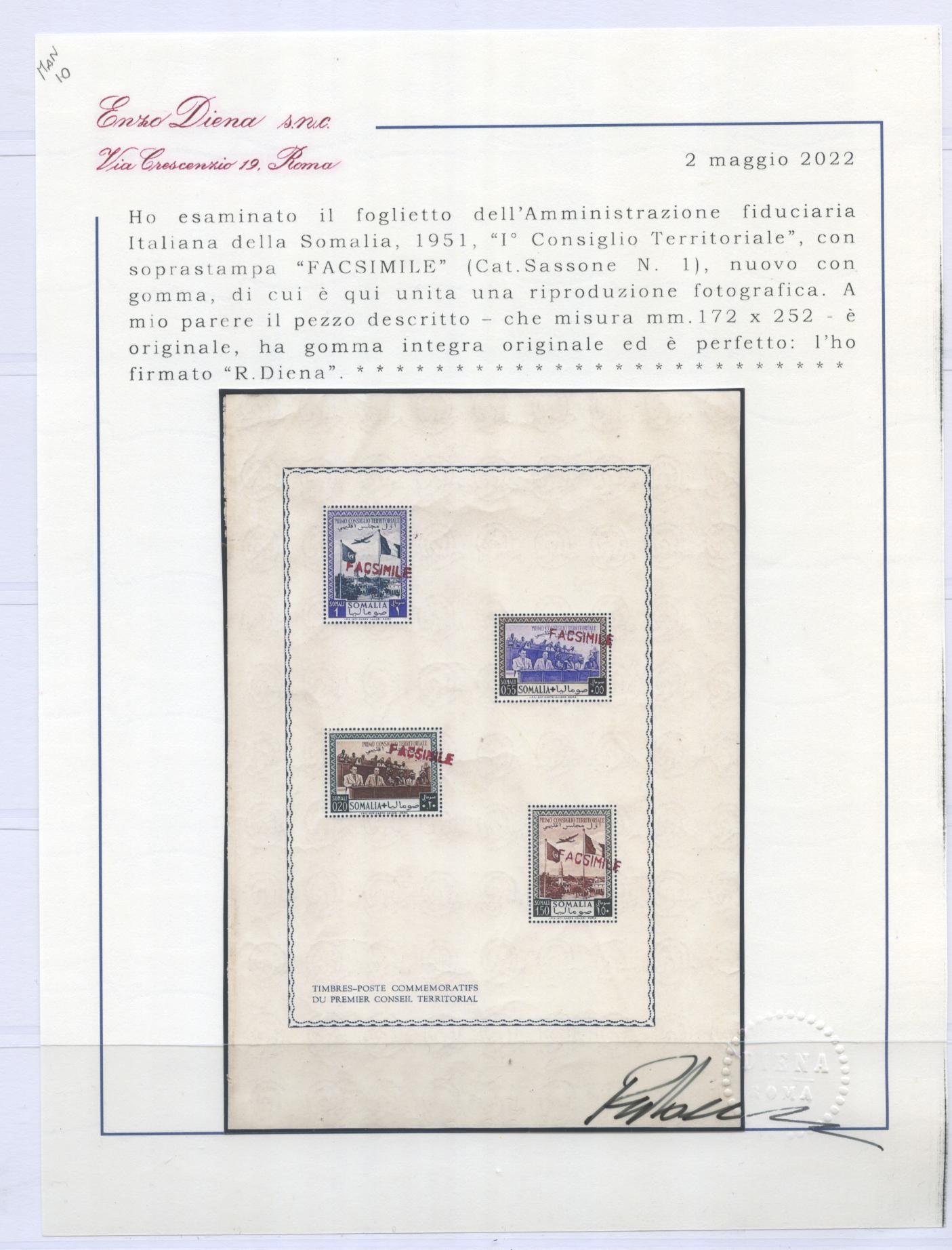 Scansione lotto: COLONIE SOMALIA 1951 BF N.1 FACSIMILE **  CERT.