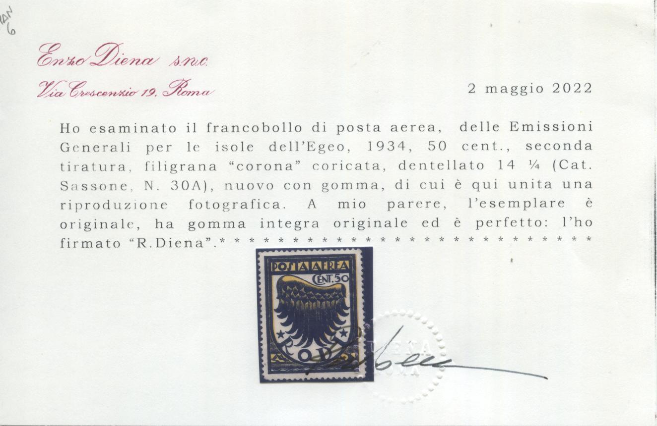 Scansione lotto: COLONIE EGEO 1934 ALA N.3A ** LUSSO CERT.