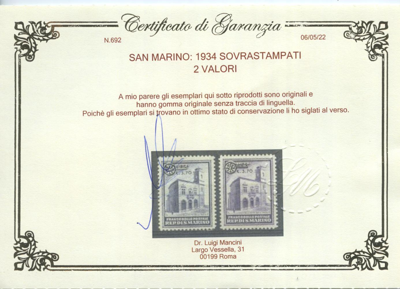 Scansione lotto: SAN MARINO 1934 SOVR. 2V. 3 ** LUSSO CERT.