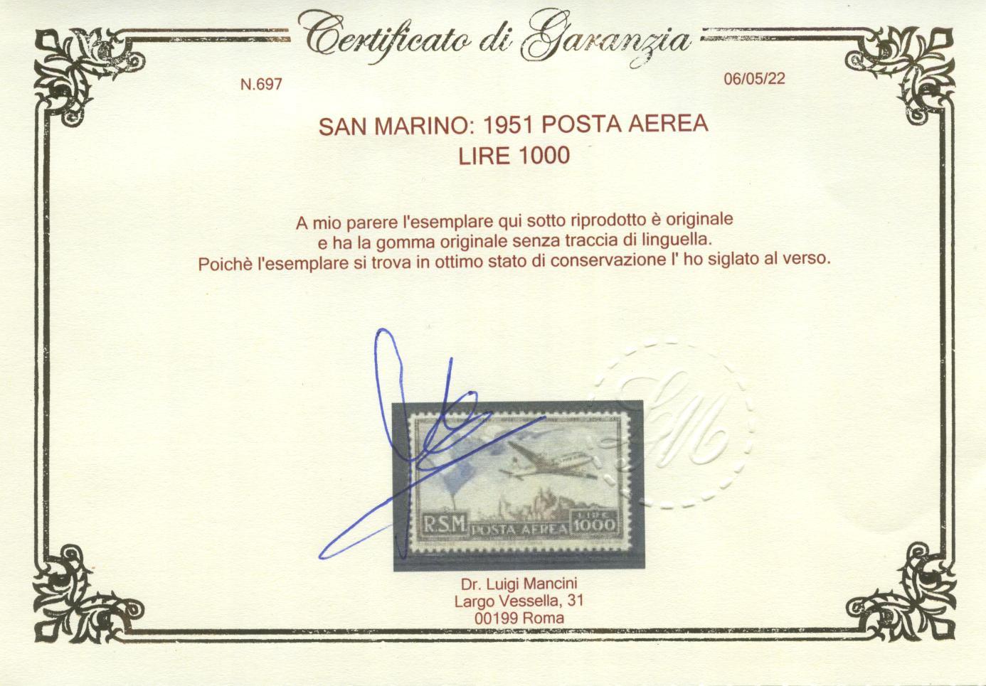 Scansione lotto: SAN MARINO 1951 POSTA AEREA L.1000 4 **  CERT.