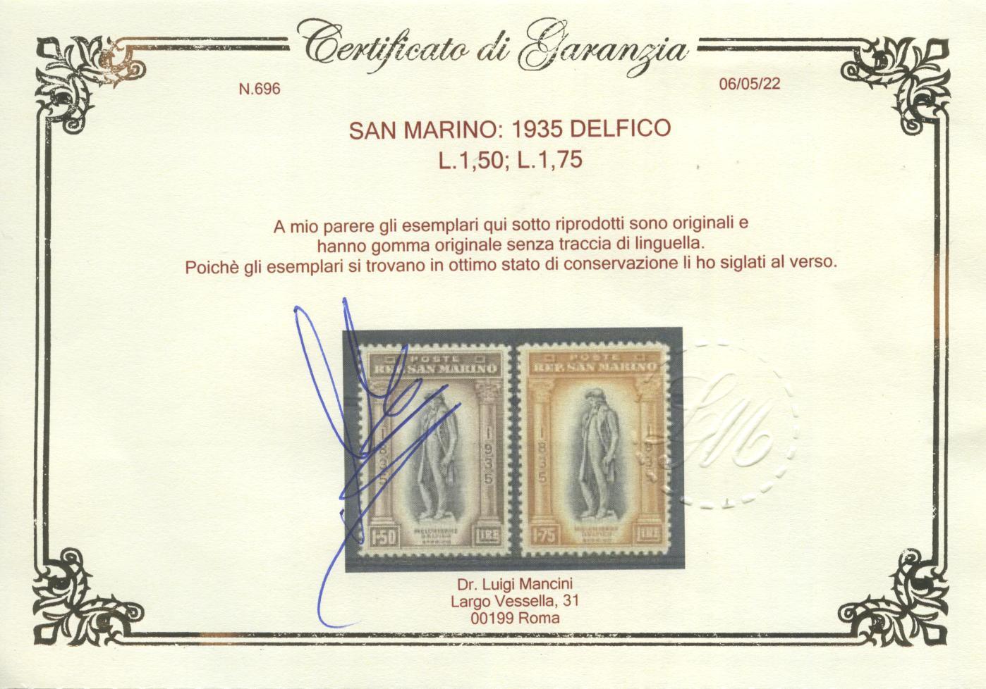 Scansione lotto: SAN MARINO 1935 DELFICO 12V. 5 ** LUSSO CERT.